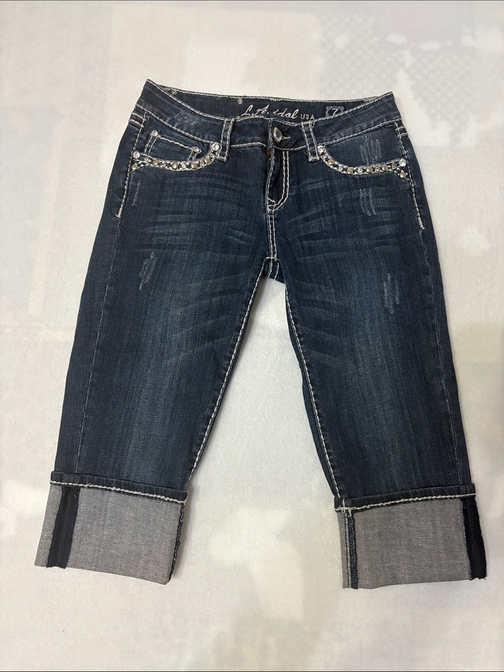 L.A. idol Dark Blue Cropped Jeans with Rhinestone Pockets Size 7 EUC